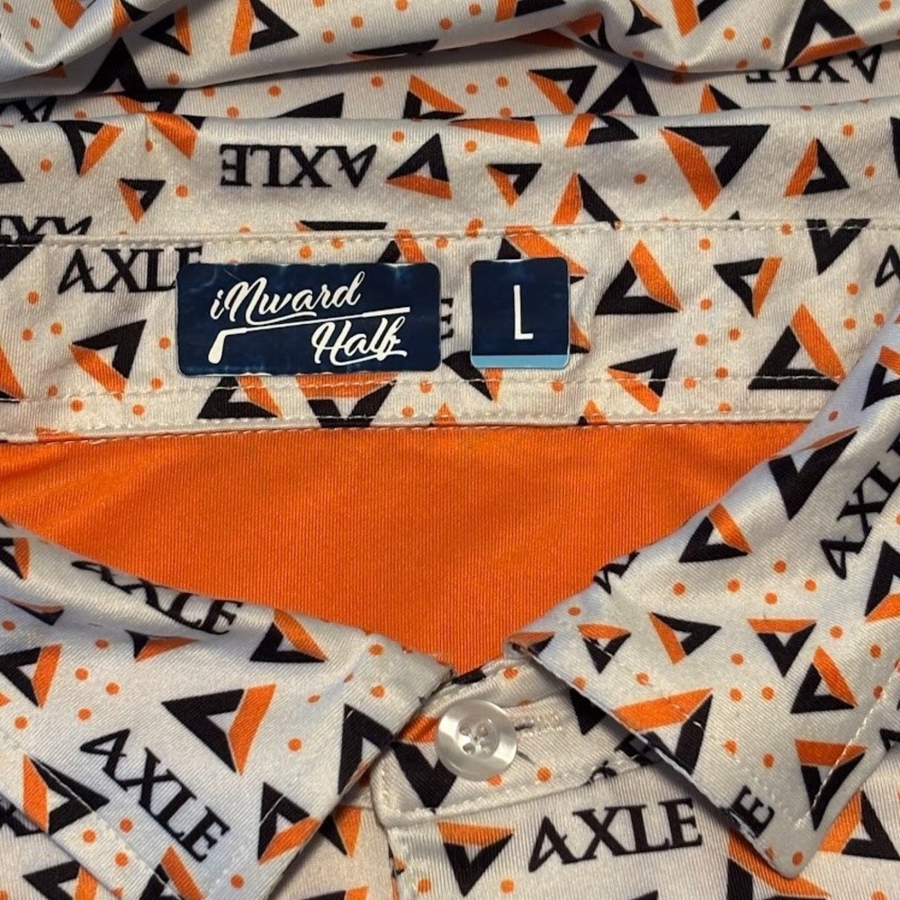Inward Half Golf Polo Mns L White Orange Polyester Spandex Axle Print Sporty Top - Picture 3 of 8